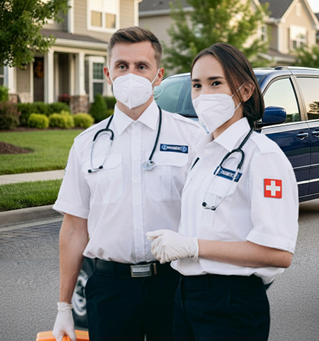 Two paramedics wearing white uniforms, gloves, masks, and stethoscopes stand on a residential street. A dark van and houses with green lawns are visible in the background.