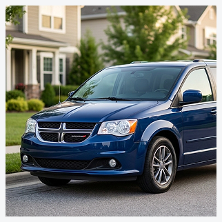 A blue Dodge minivan is parked on a residential street in front of suburban houses with well-kept lawns and trees.